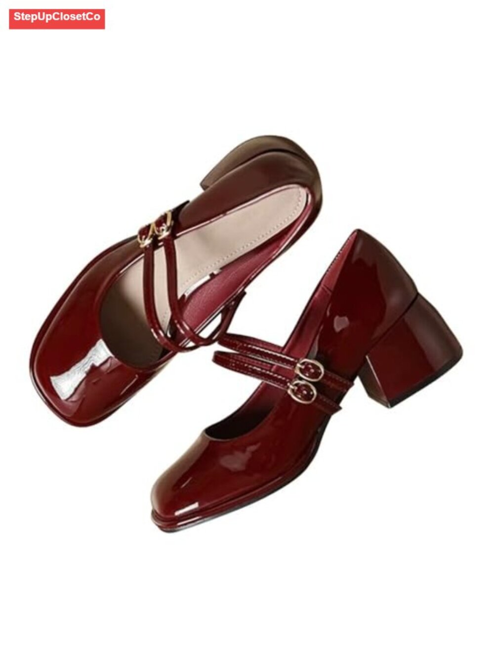 Chunky Low Block Heel PU Leather Mary Jane Pumps Work Shoes